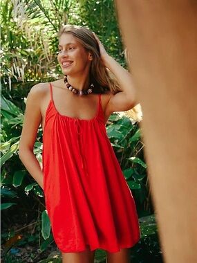 Free People free-est Rae Linen Dress Large Red Lined Coquette Coastal Boho Swing